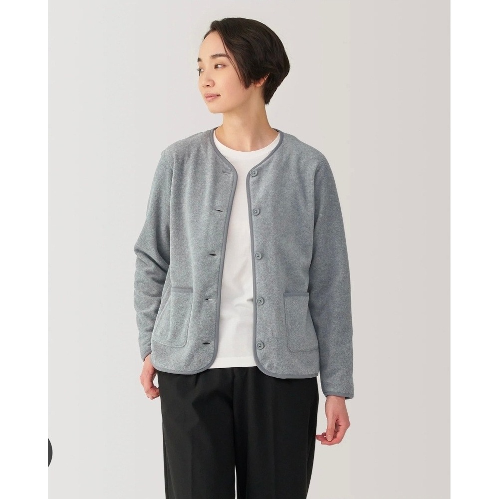 Muji Collarless Button Front Fleece Cardigan Jacket Gray Small Women Minimalist